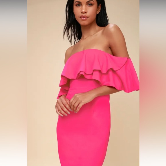 Lulu’s Aurelia Hot Pink Off the Shoulder Mini Dress Small Barbie Barbiecore - Picture 2 of 11